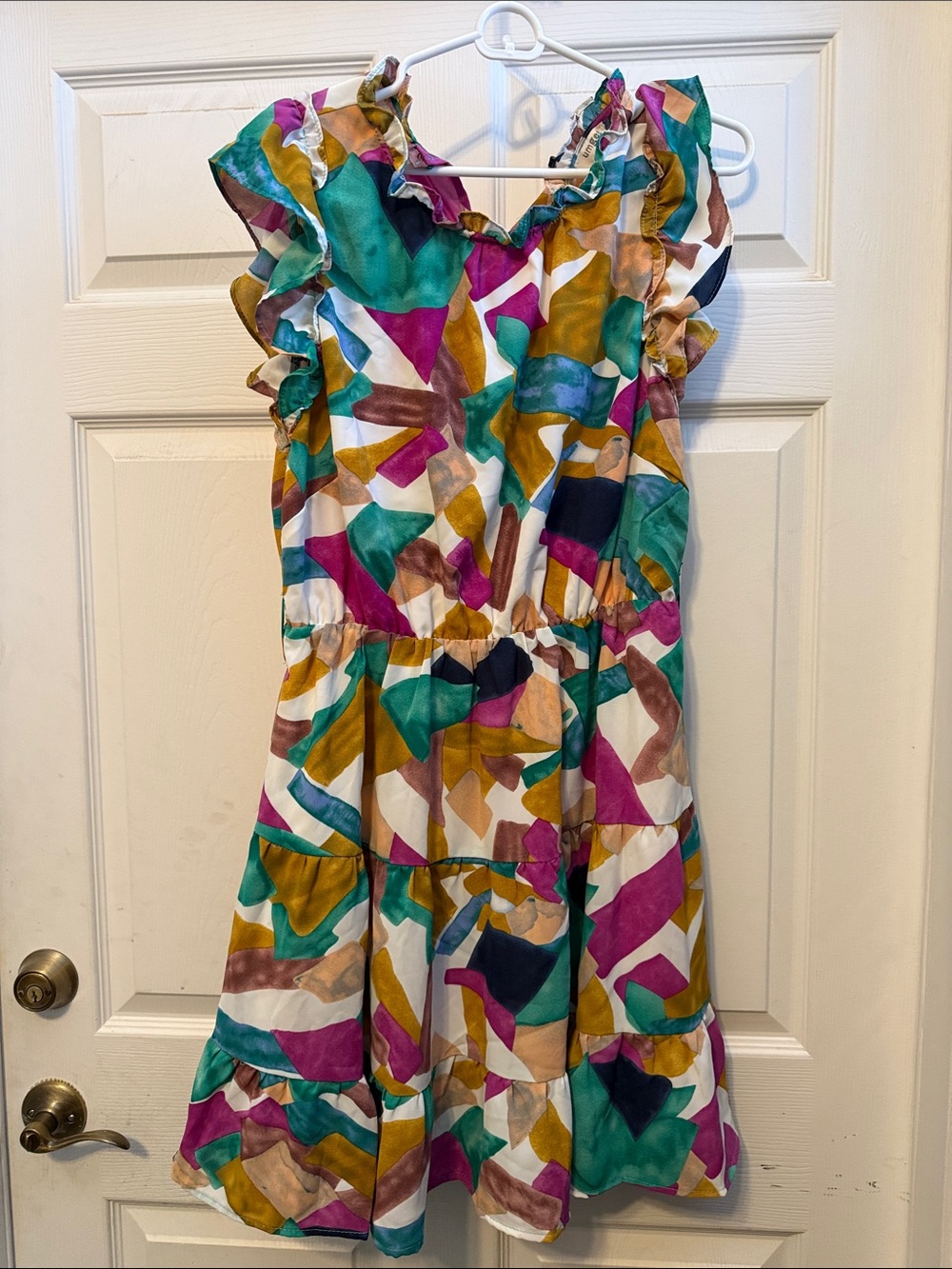 Umgee Multi-Color Abstract Ruffle Sleeve Tiered Dress